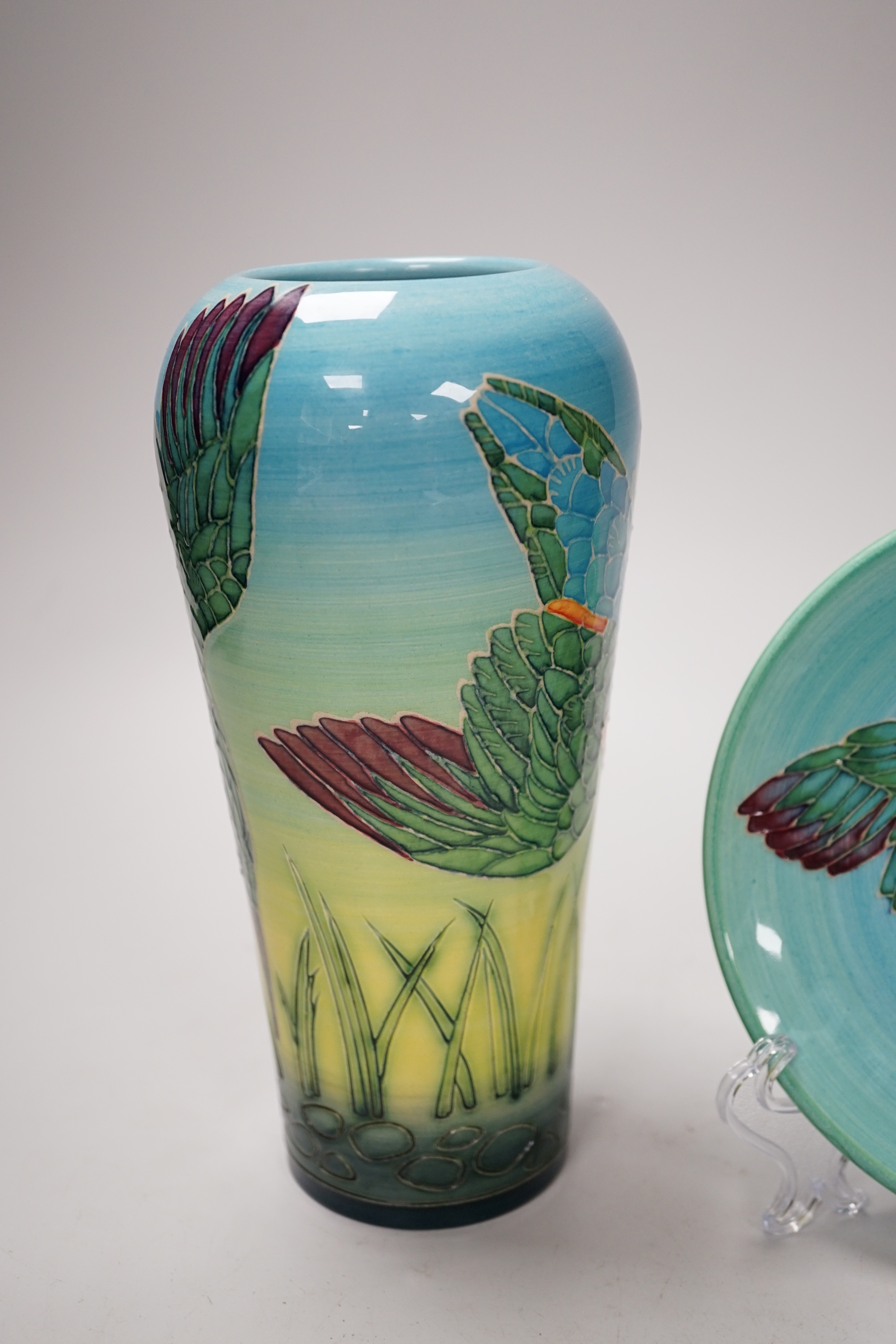 Sally Tuffin for Dennis China Works - ‘kingfisher’ pattern vase and plate. Vase 21cm